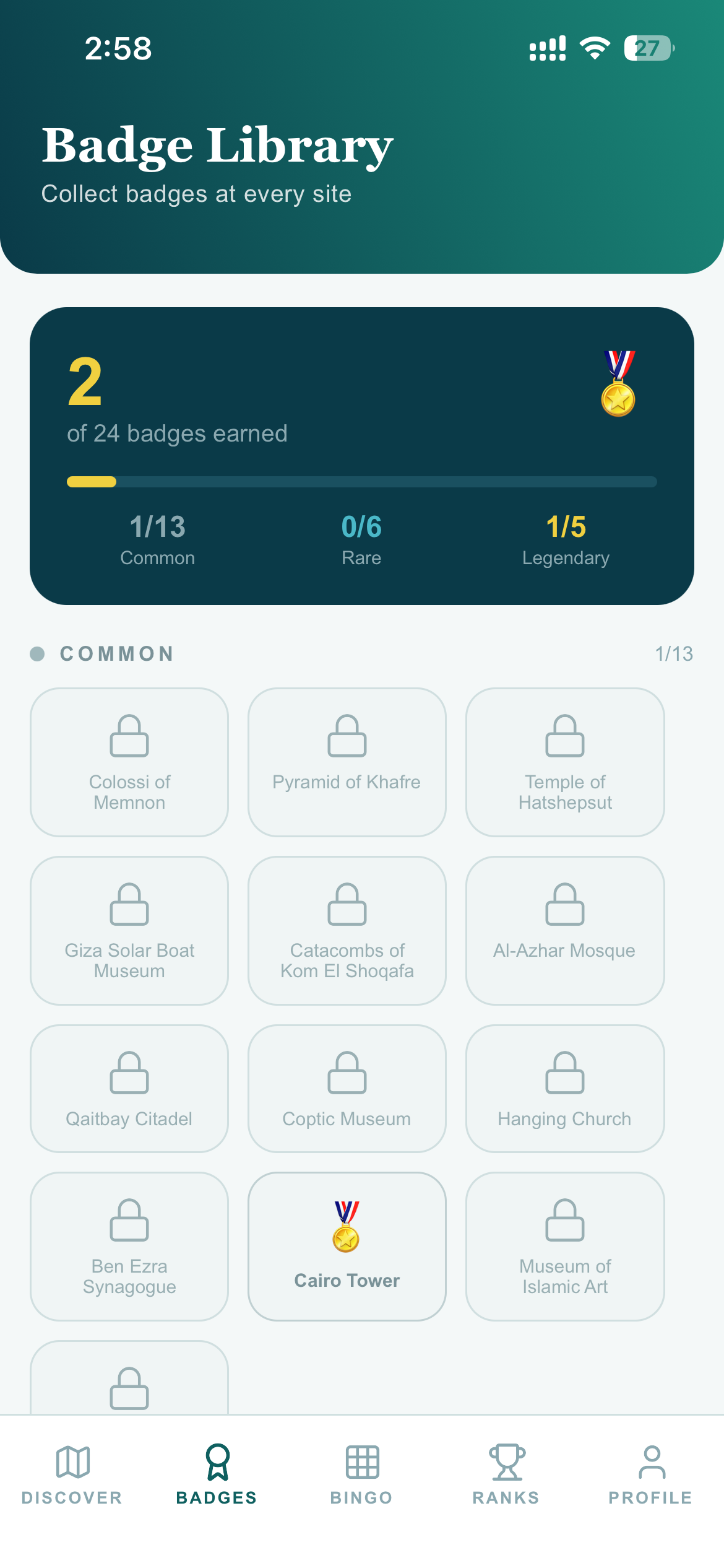 Egypt+ Badge Library screen