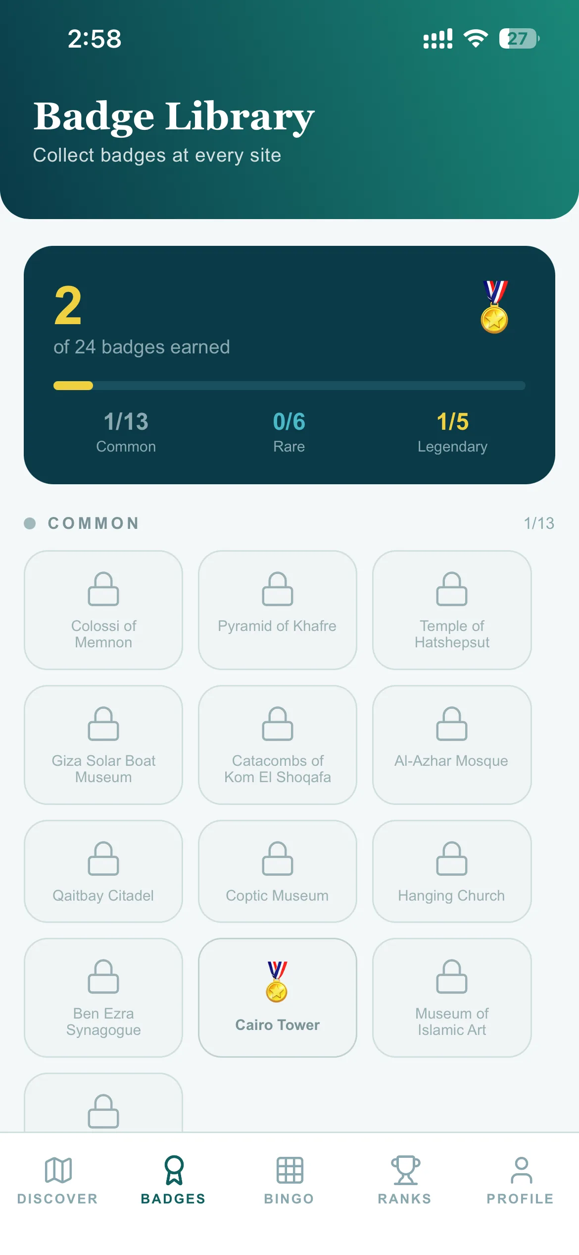 Egypt+ Badge Library screen