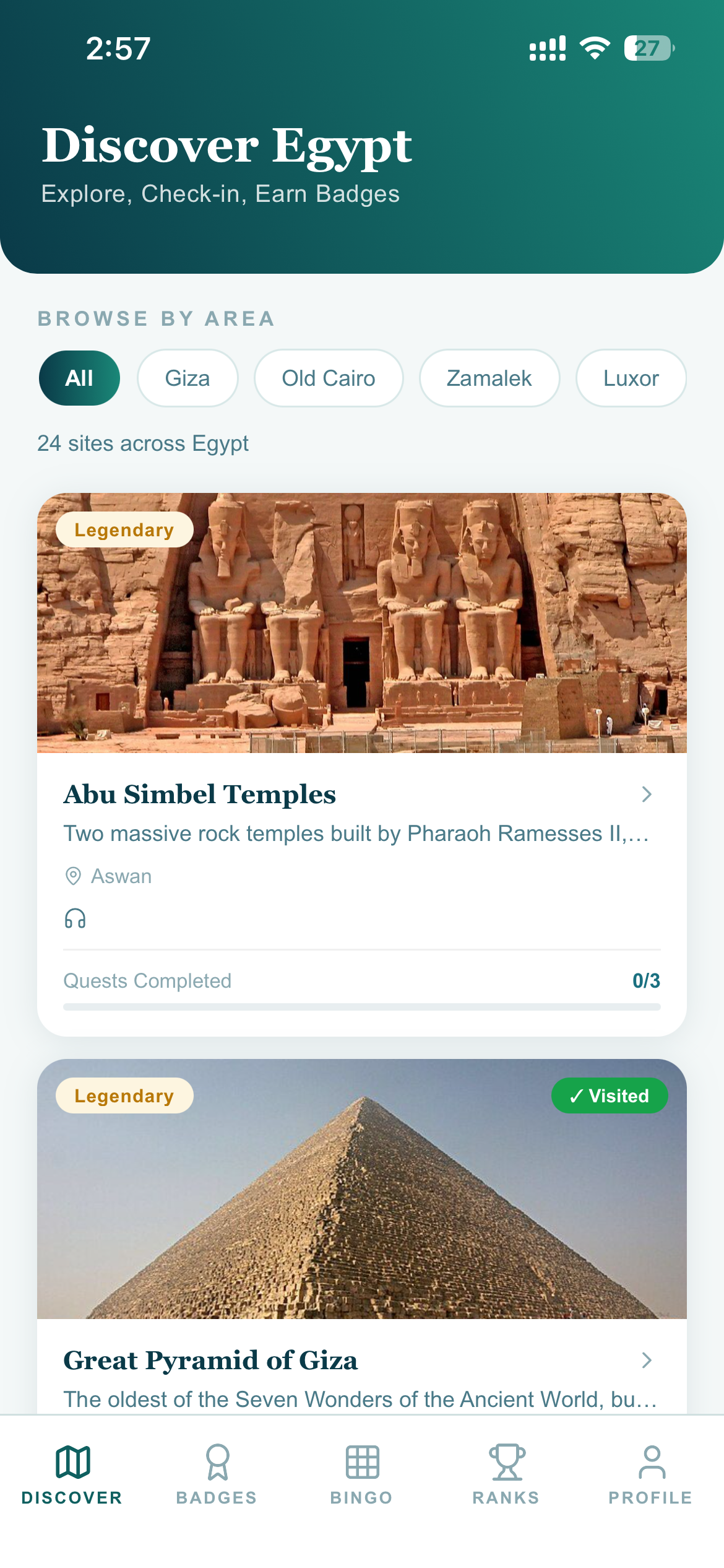 Egypt+ Discover screen showing attractions across Egypt